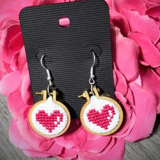 Fuschia Heart cross stitch earrings