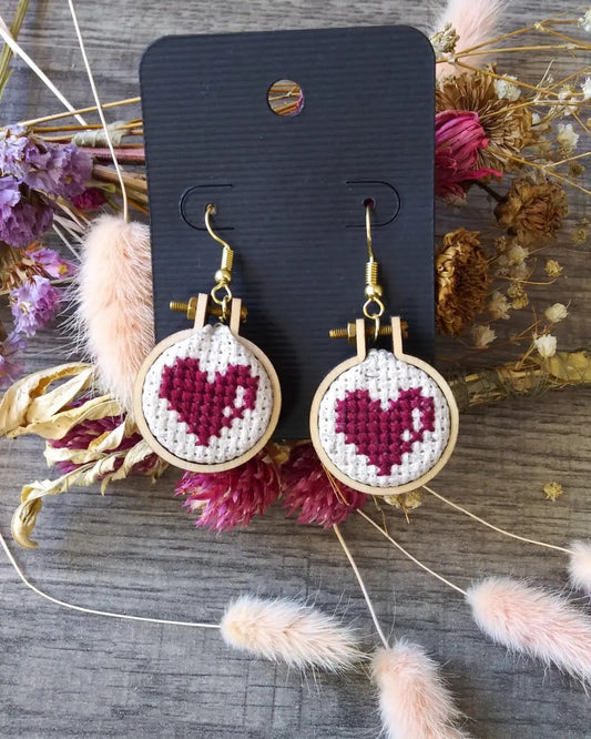 Burgundy heart cross stitch earrings