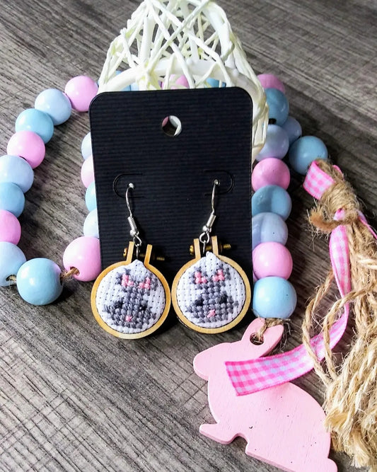 Grey bunny cross stitch earrings