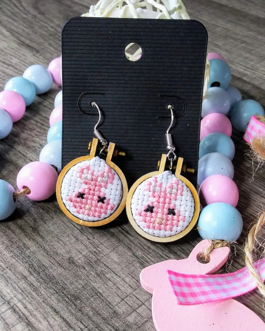 Pink Cross Stitch bunny earrings