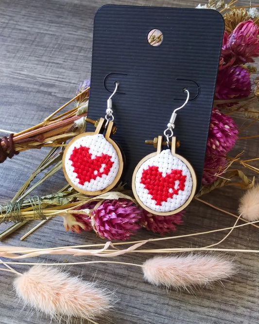 Red heart cross stitch earrings
