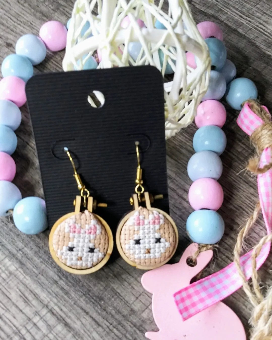 White Bunny cross stitch earrings