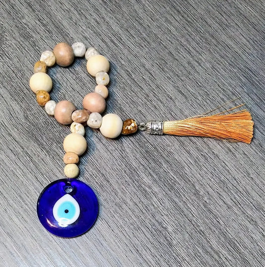 Wood bead Evil Eye pendant